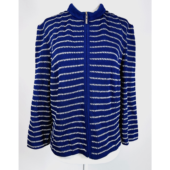 ST. JOHN Womans Sweater Cardigan Zip Front Wool Blend Striped M Blue White - Picture 3 of 12